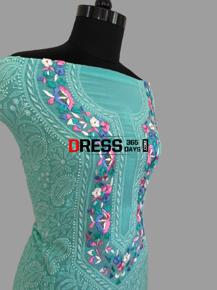 Sea Green Parsi Gara Chikankari Suit - Dress365days