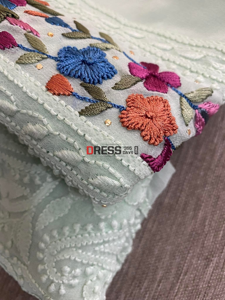 Sea Green Parsi Gara Neckline Chikankari Suit Suits