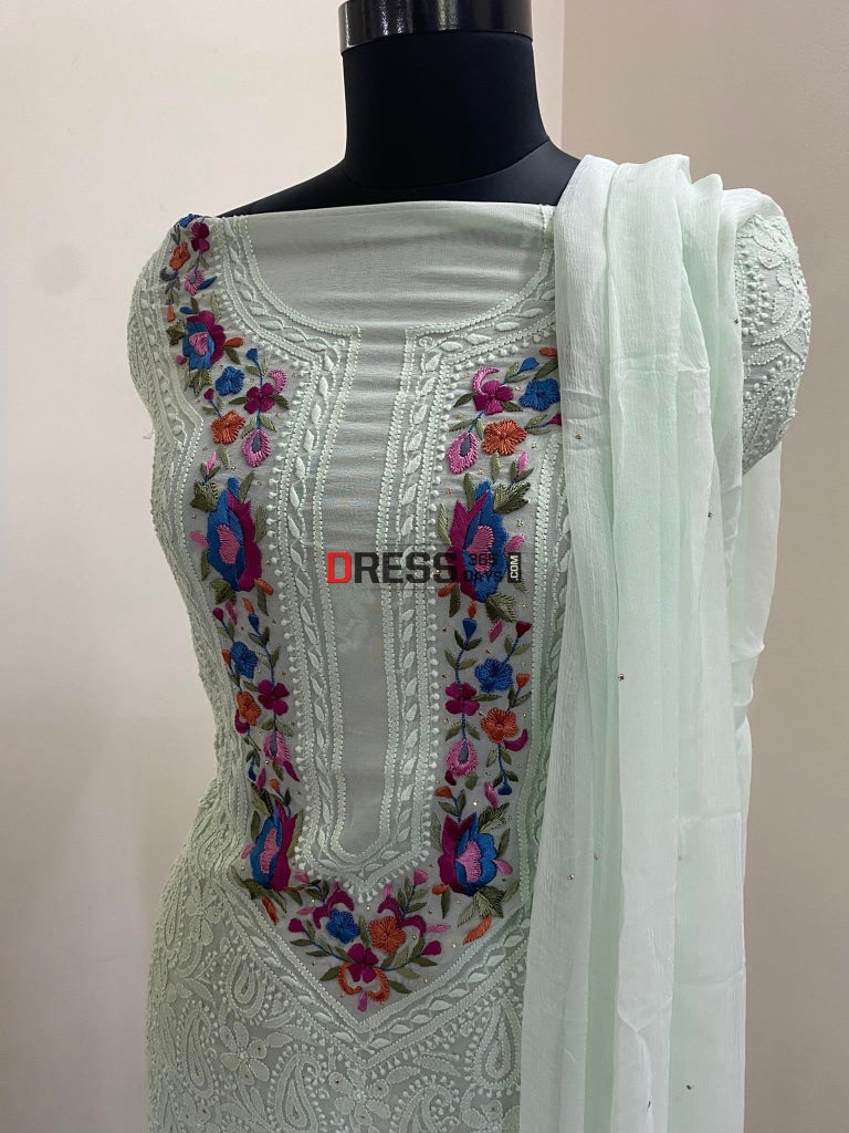 Sea Green Parsi Gara Neckline Chikankari Suit Suits
