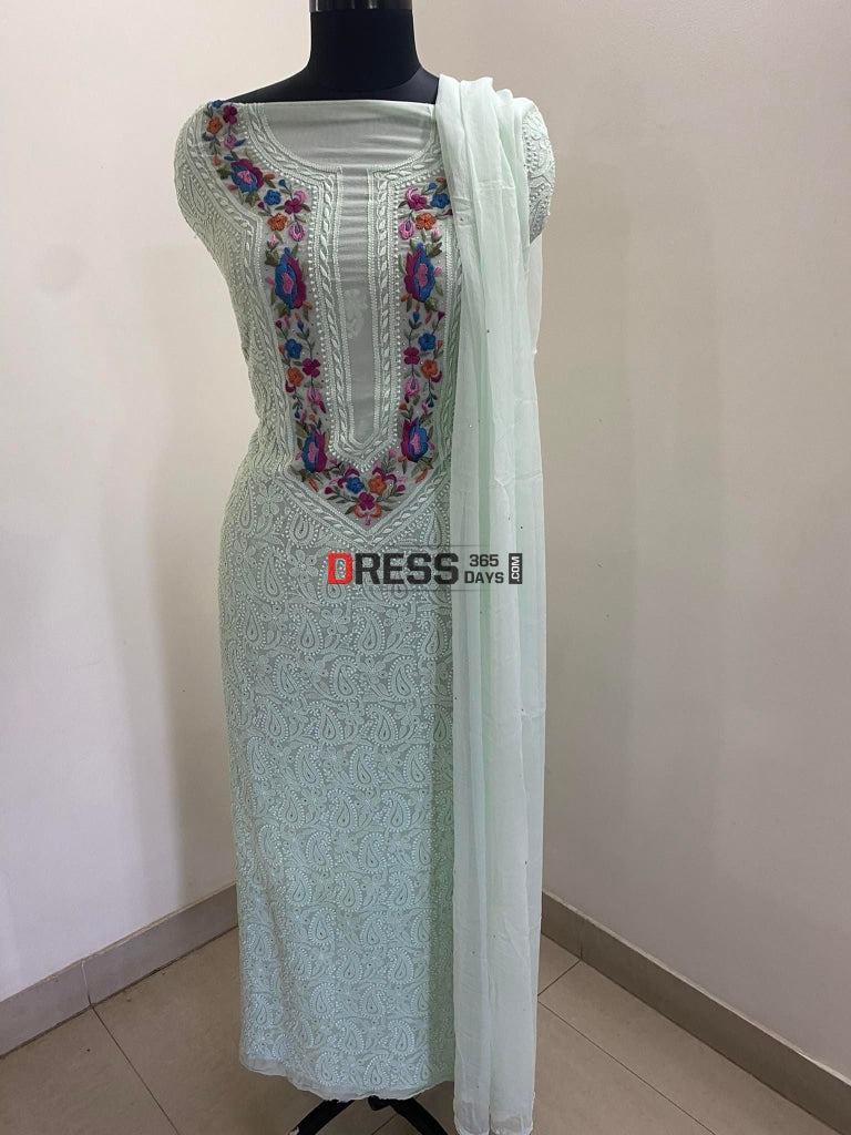 Sea Green Parsi Gara Neckline Chikankari Suit Suits