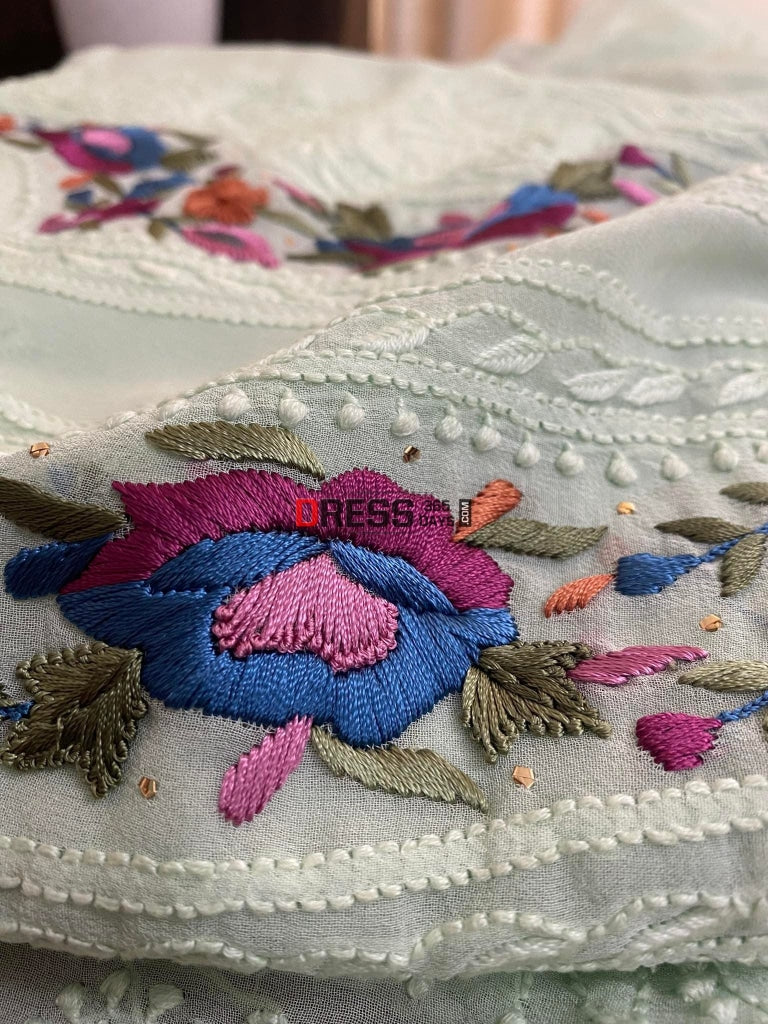 Sea Green Parsi Gara Neckline Chikankari Suit Suits