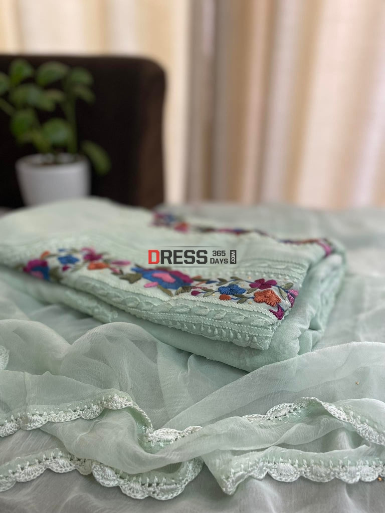 Sea Green Parsi Gara Neckline Chikankari Suit Suits