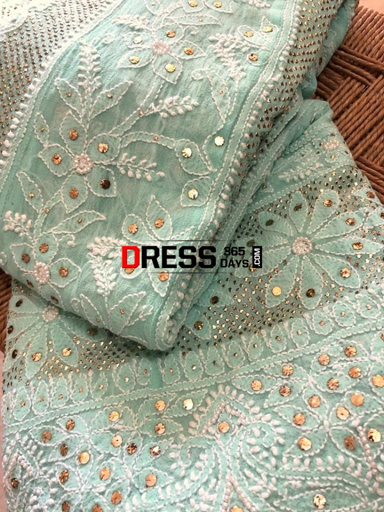 Sea Green Pearl And Mukaish Chikankari Anarkali (Anarkali Dupatta)