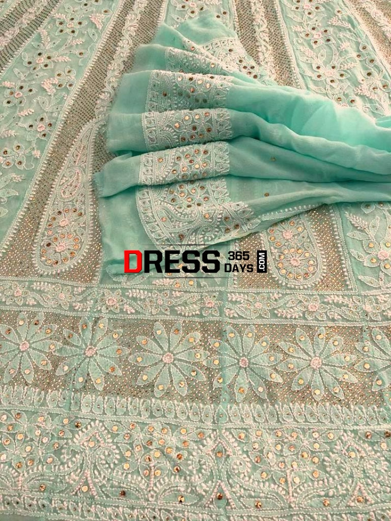 Sea Green Pearl and Mukaish Chikankari Anarkali (Anarkali and Dupatta