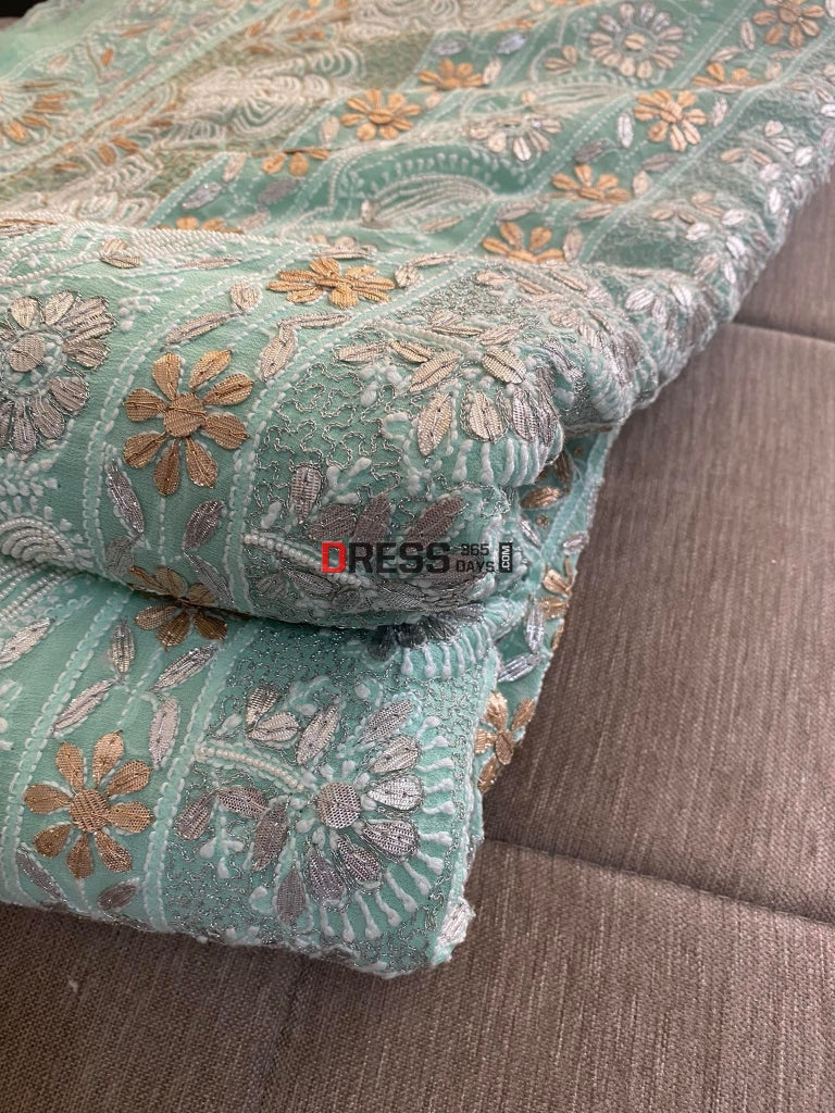 Sea Green Pearl Gota Patti & Mirror Work Chikankari Saree