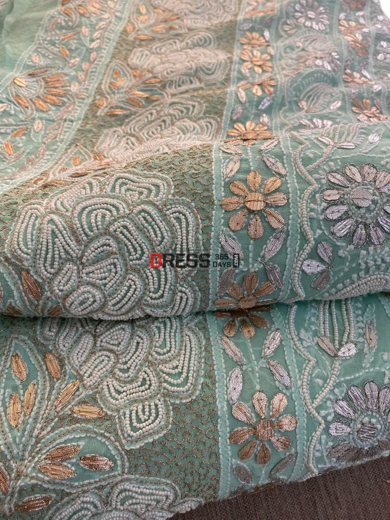 Sea Green Pearl Gota Patti & Mirror Work Chikankari Saree