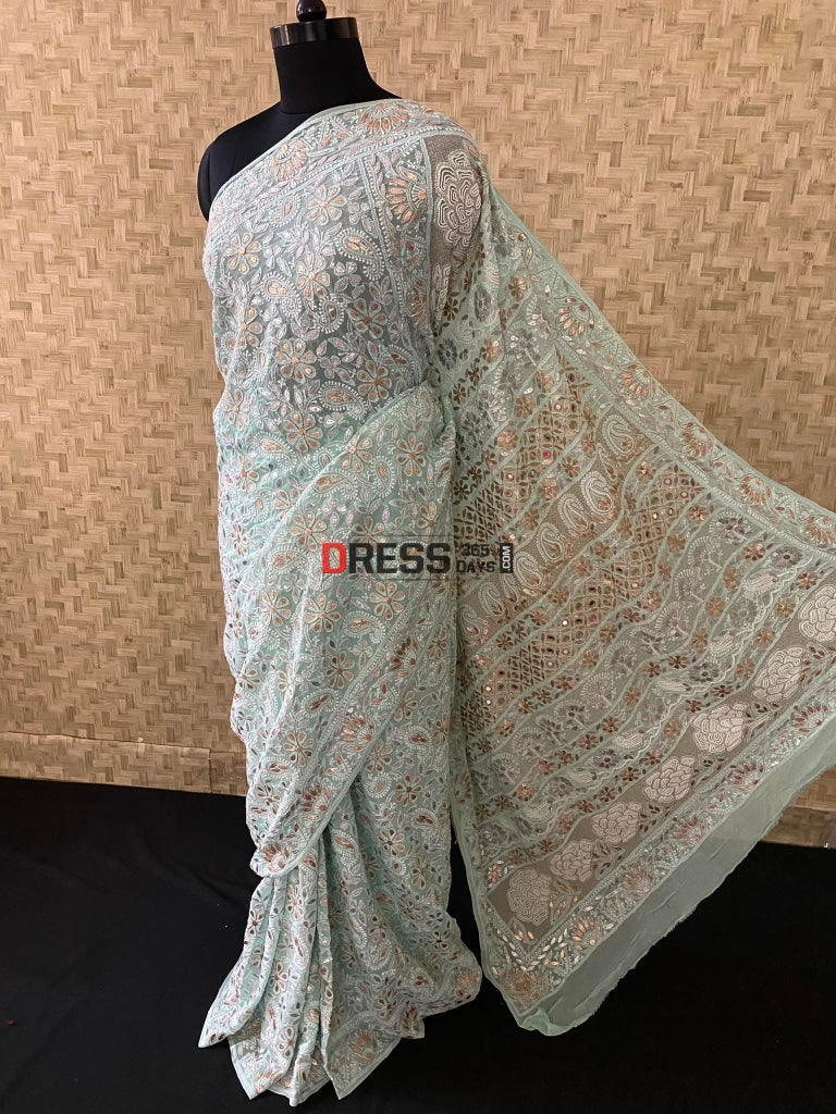 Sea Green Pearl Gota Patti & Mirror Work Chikankari Saree