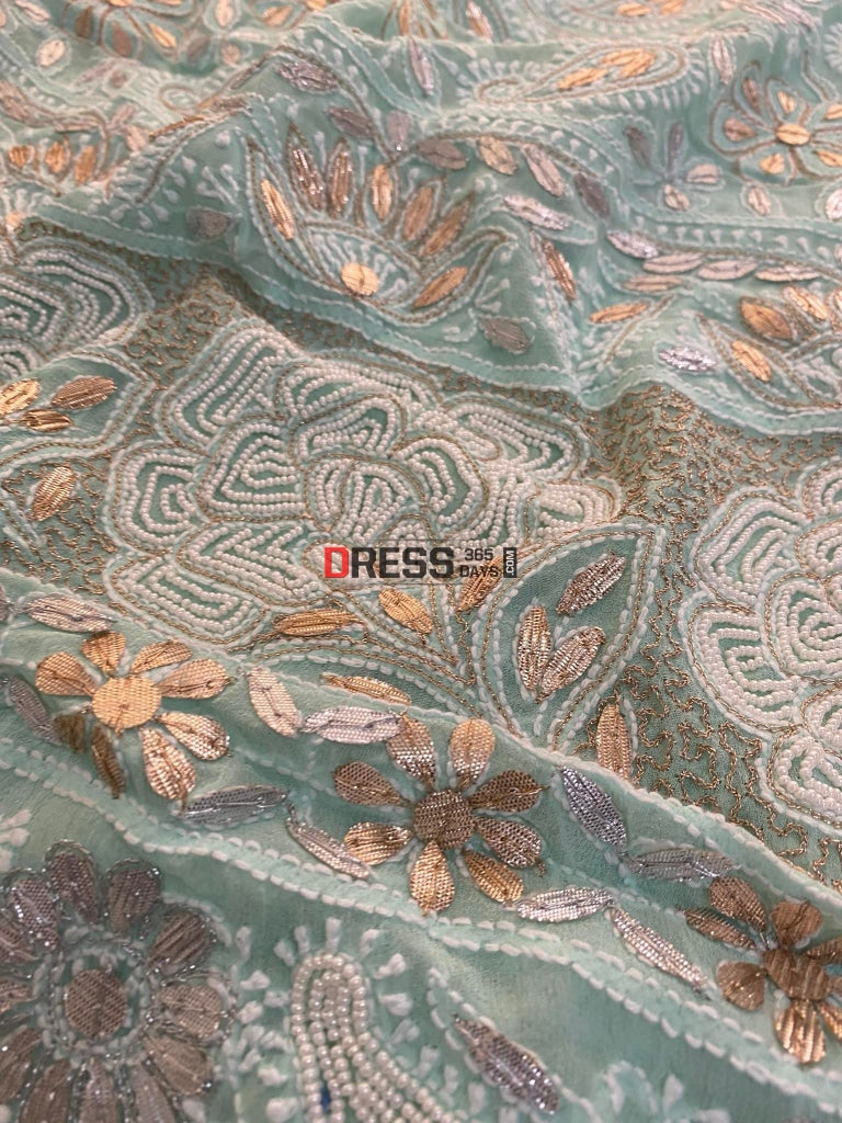 Sea Green Pearl Gota Patti & Mirror Work Chikankari Saree