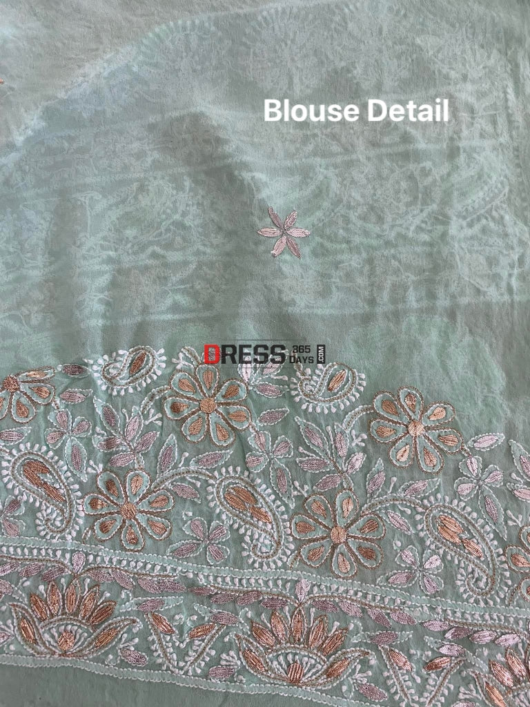 Sea Green Pearl Gota Patti & Mirror Work Chikankari Saree