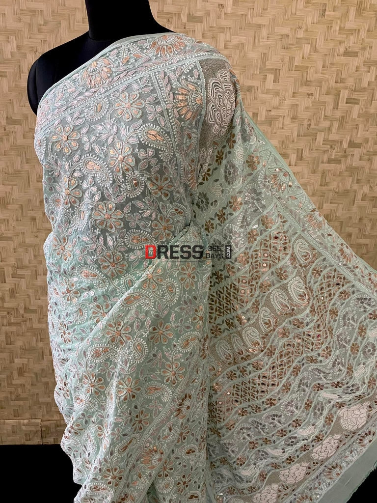 Sea Green Pearl Gota Patti & Mirror Work Chikankari Saree