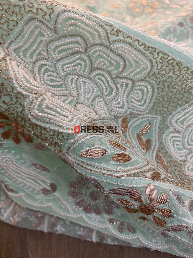 Sea Green Pearl Gota Patti & Mirror Work Chikankari Saree