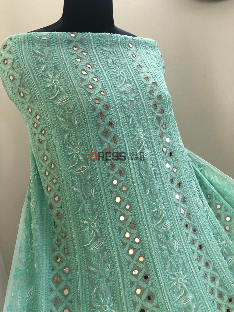 Sea Green Pearl Mirror Chikankari Anarkali Suit