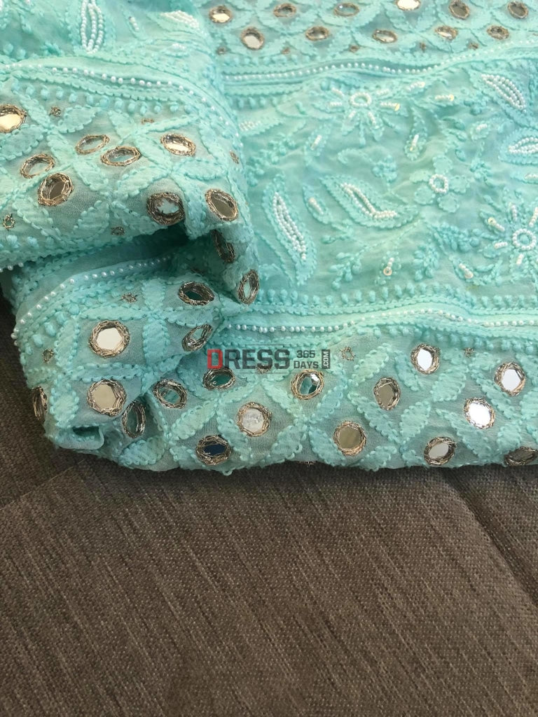 Sea Green Pearl Mirror Chikankari Anarkali Suit