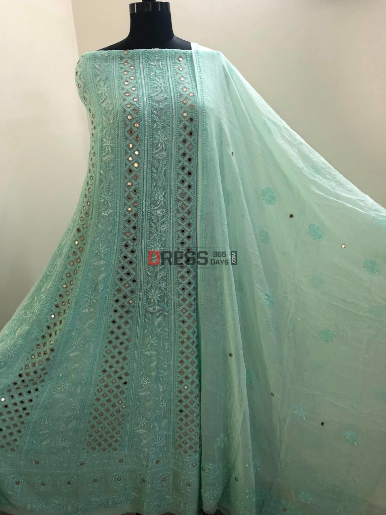 Sea Green Pearl Mirror Chikankari Anarkali Suit