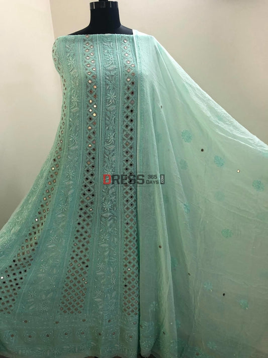 Sea Green Pearl Mirror Chikankari Anarkali Suit