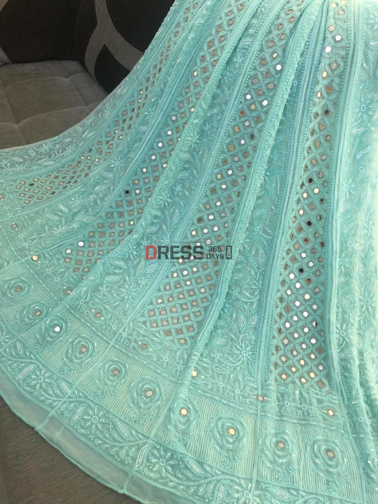 Sea Green Pearl Mirror Chikankari Anarkali Suit