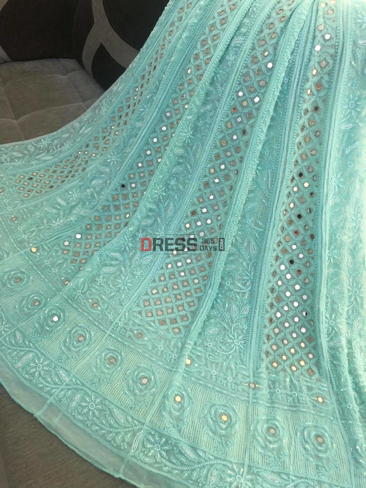 Sea Green Pearl Mirror Chikankari Anarkali Suit