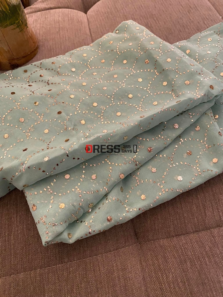 Sea Green Pure Georgette Mukaish Dupatta Chikankari