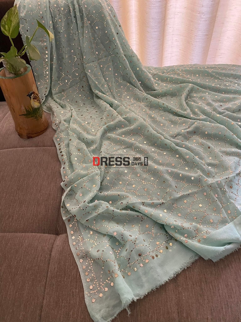 Sea Green Pure Georgette Mukaish Dupatta Chikankari