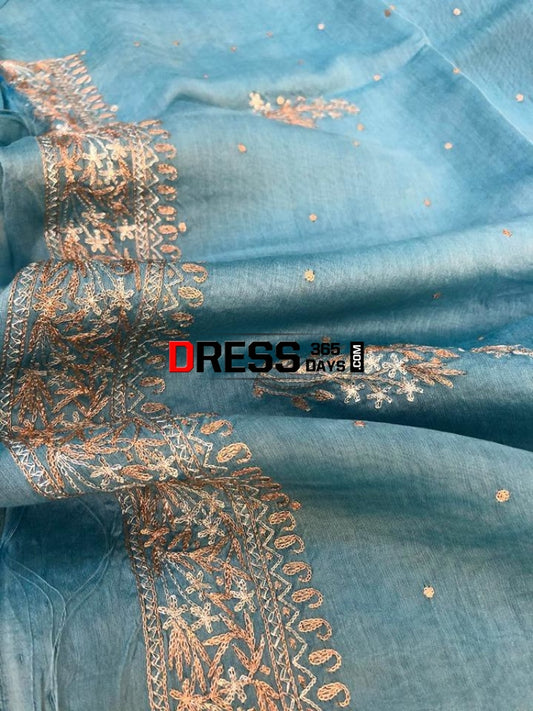 Sky Blue Aari Work Chanderi Suit (Kurta And Dupatta) Chikankari Suits