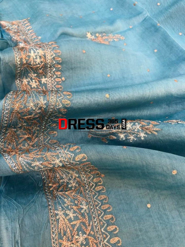 Sky Blue Aari Work Chanderi Suit (Kurta and Dupatta) – Dress365days
