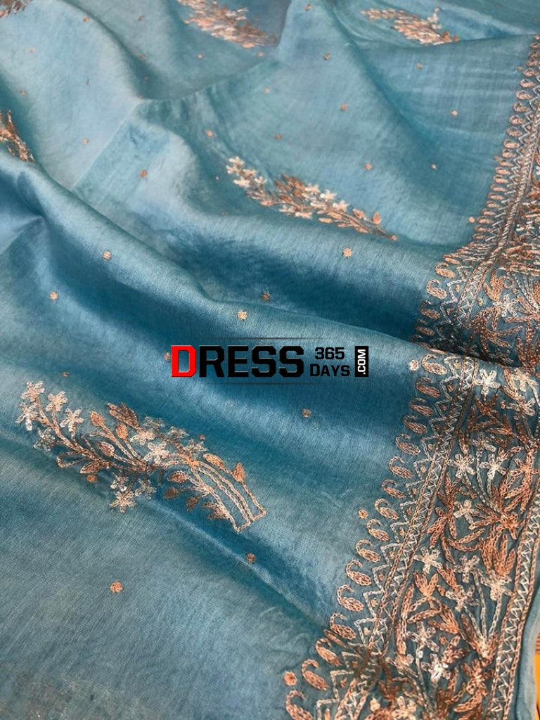 Sky Blue Aari Work Chanderi Suit (Kurta And Dupatta) Chikankari Suits