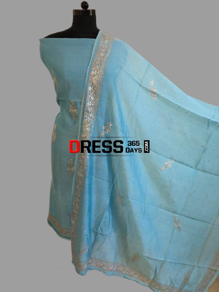 Sky Blue Aari Work Chanderi Suit (Kurta and Dupatta)