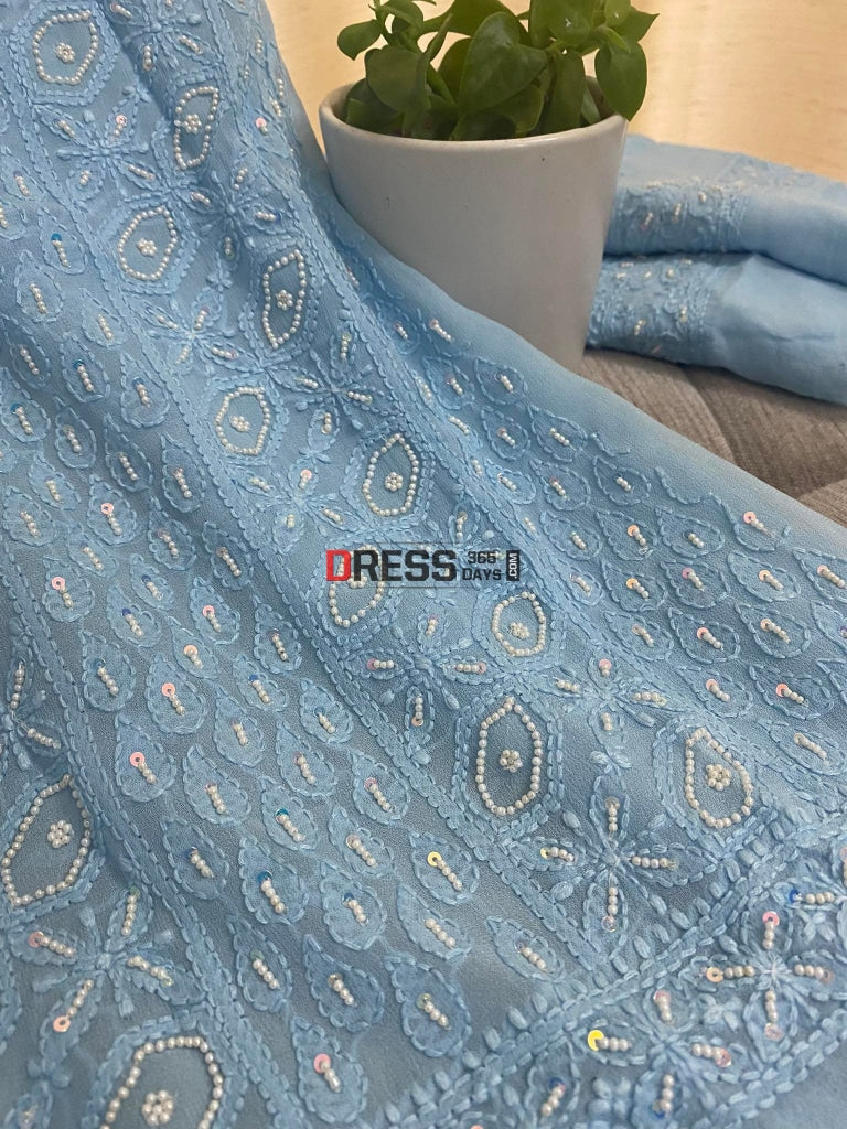 Sky Blue Chikankari & Pearl Kurta Dupatta Set Suits