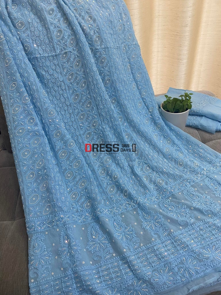 Sky Blue Chikankari & Pearl Kurta Dupatta Set Suits