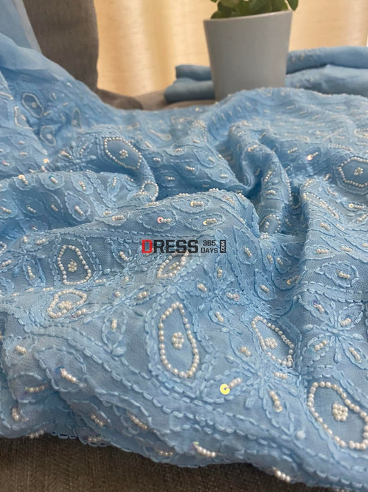 Sky Blue Chikankari & Pearl Kurta Dupatta Set Suits