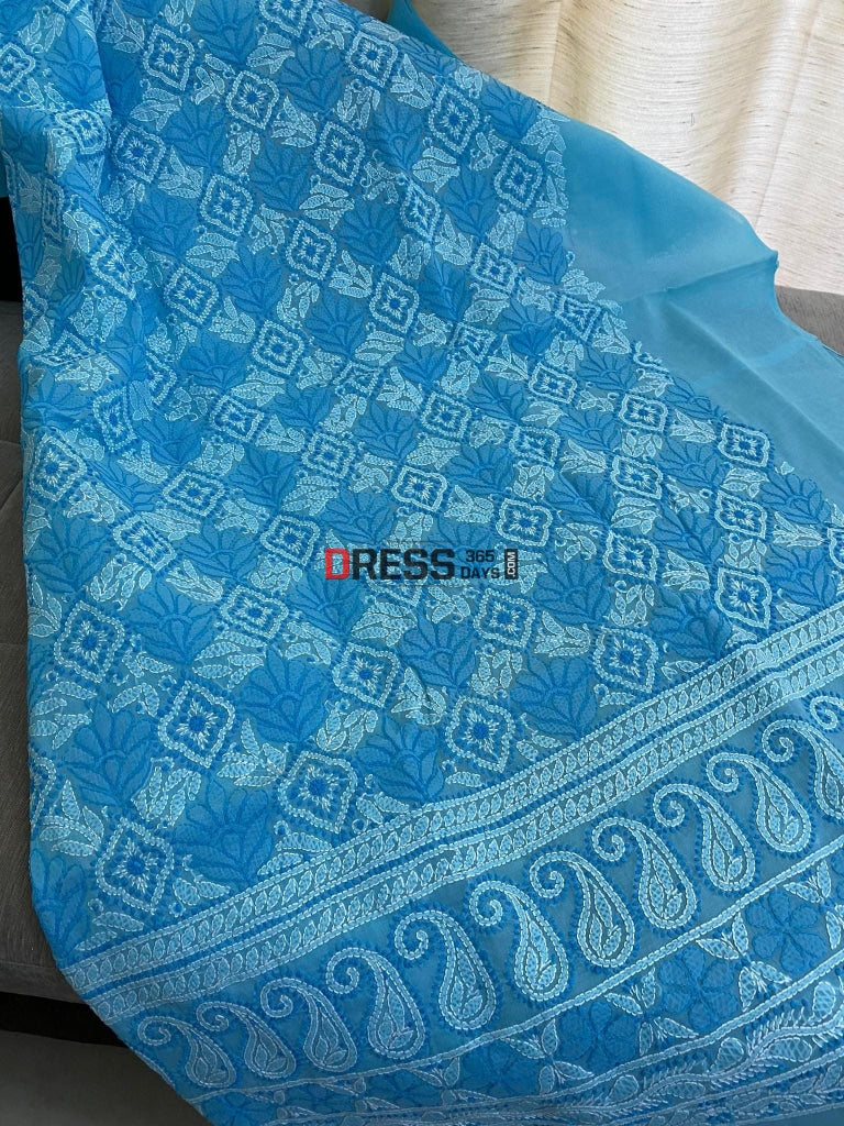 Sky Blue Cotton Chikankari Kurti Fabric (Kurti Only) Fabric