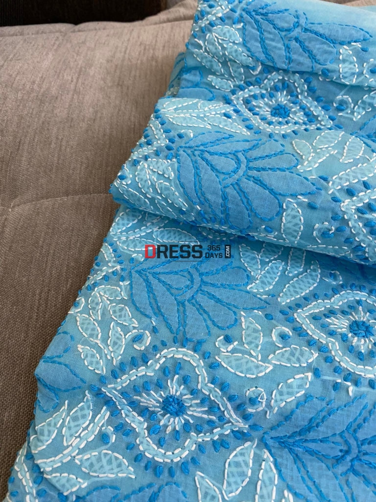 Sky Blue Cotton Chikankari Kurti Fabric (Kurti Only) Fabric