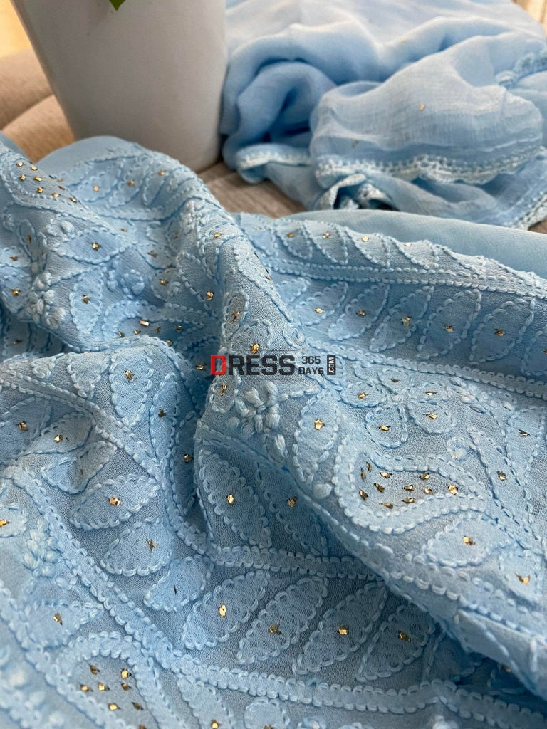 Sky Blue Mukaish Neckline Chikankari Kurta Dupatta Suits