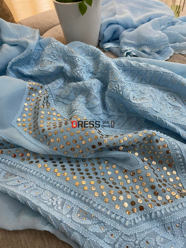 Sky Blue Mukaish Neckline Chikankari Kurta Dupatta Suits