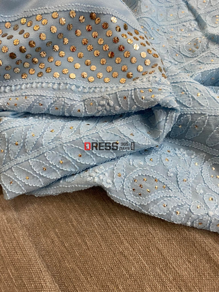 Sky Blue Mukaish Neckline Chikankari Kurta Dupatta Suits