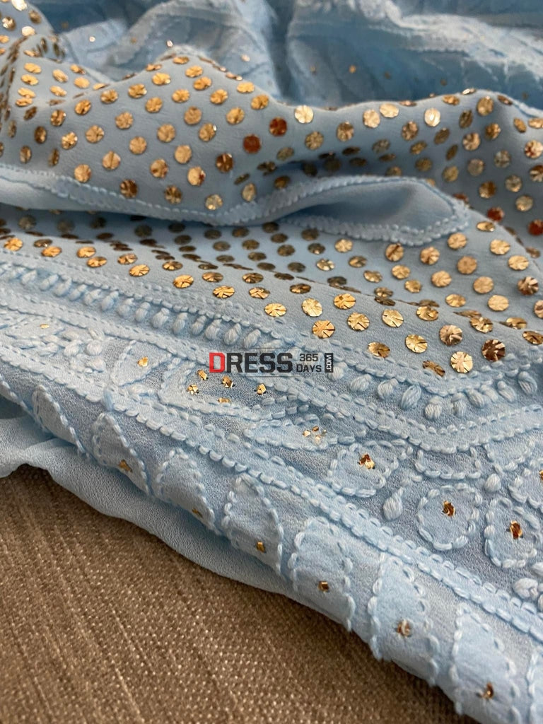 Sky Blue Mukaish Neckline Chikankari Kurta Dupatta Suits