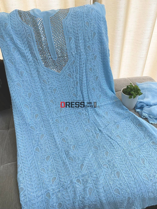 Sky Blue Mukaish Neckline Chikankari Kurta Dupatta Suits