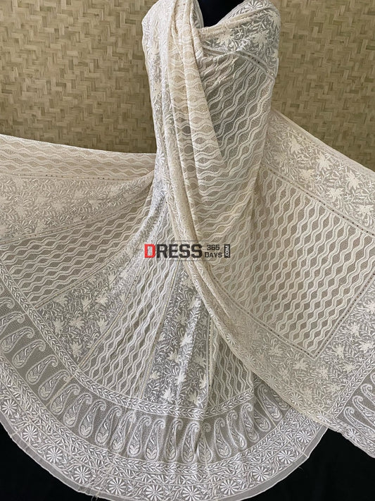 Superfine Ivory Chikankari Kamdani Lehenga Set