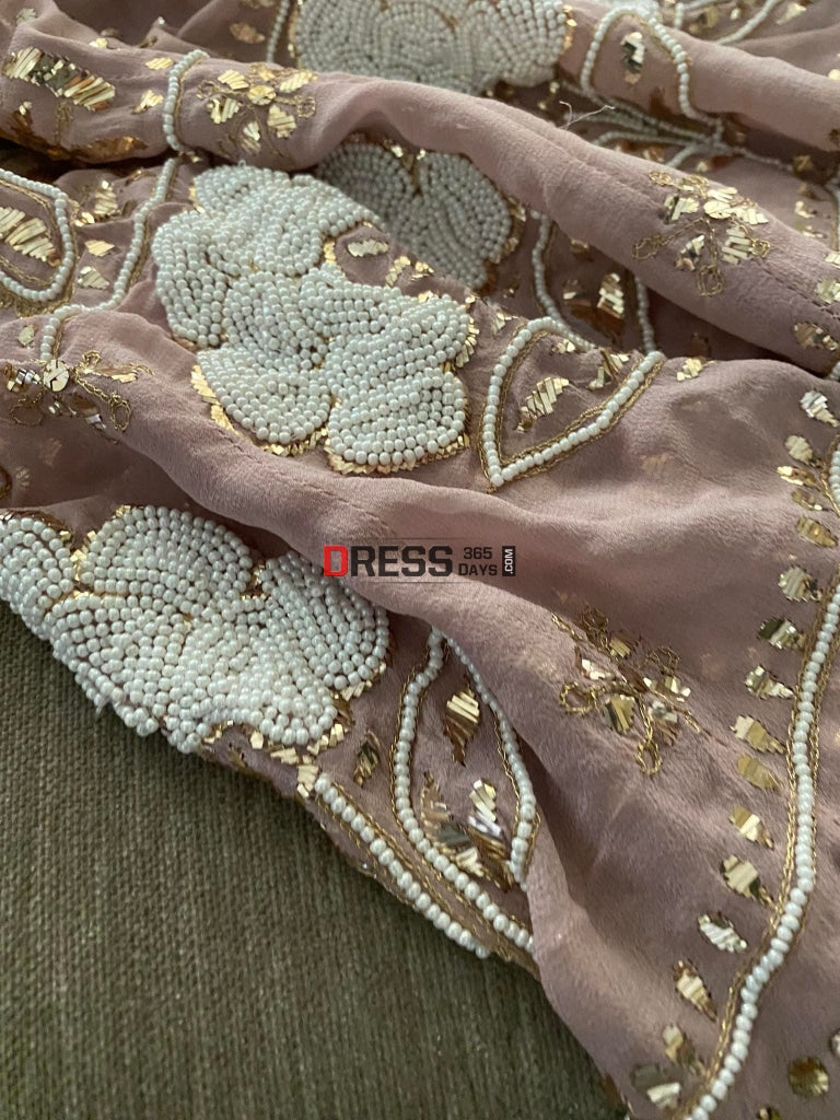 Taupe Pearl Kamdani Anarkali Suit Chikankari