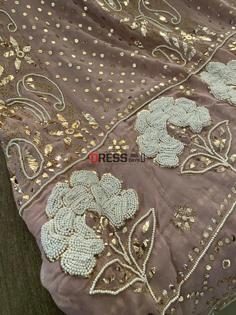 Taupe Pearl Kamdani Anarkali Suit Chikankari