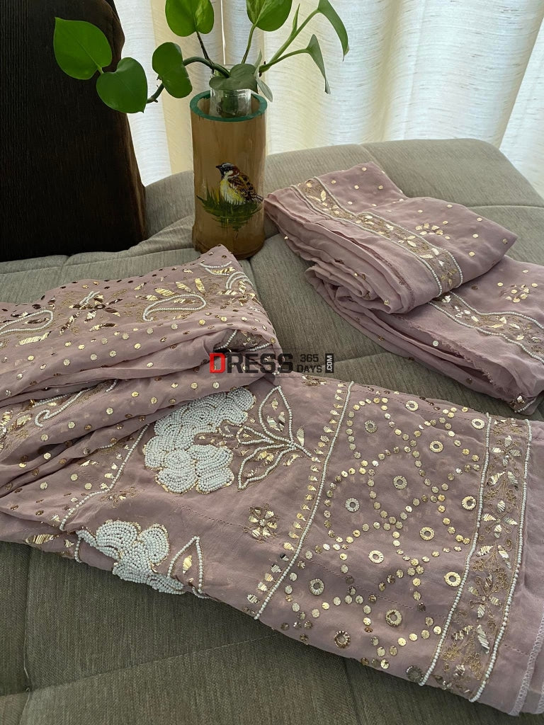 Taupe Pearl Kamdani Anarkali Suit Chikankari