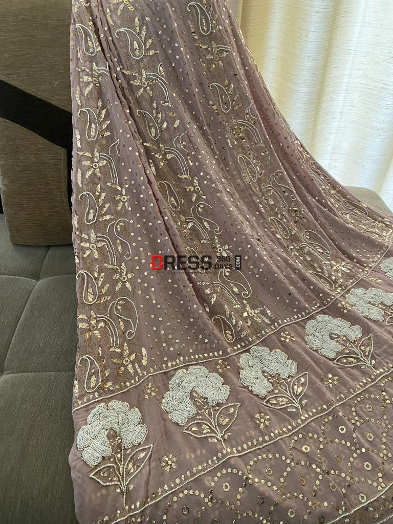 Taupe Pearl Kamdani Anarkali Suit Chikankari