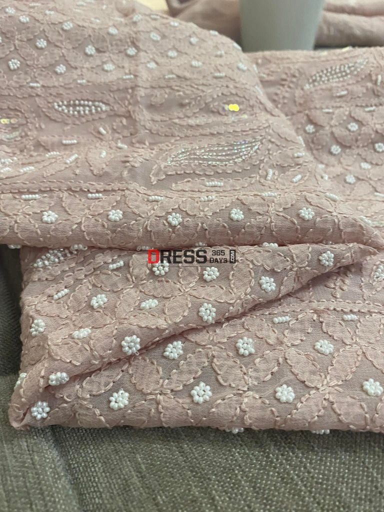 Taupe Pink Chikankari & Pearl Kurta Dupatta Set Suits