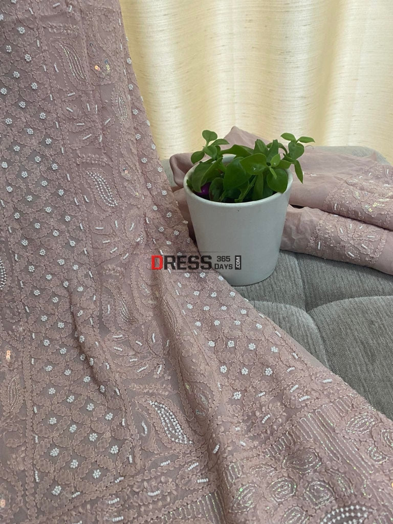 Taupe Pink Chikankari & Pearl Kurta Dupatta Set Suits