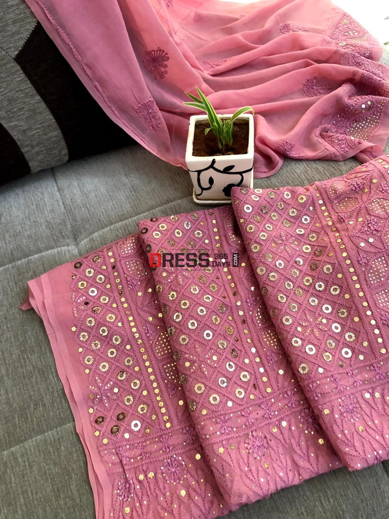 Taupe Pink Ring Mukaish Chikankari Suit