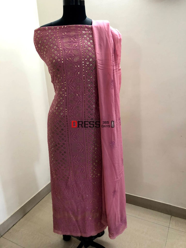 Taupe Pink Ring Mukaish Chikankari Suit