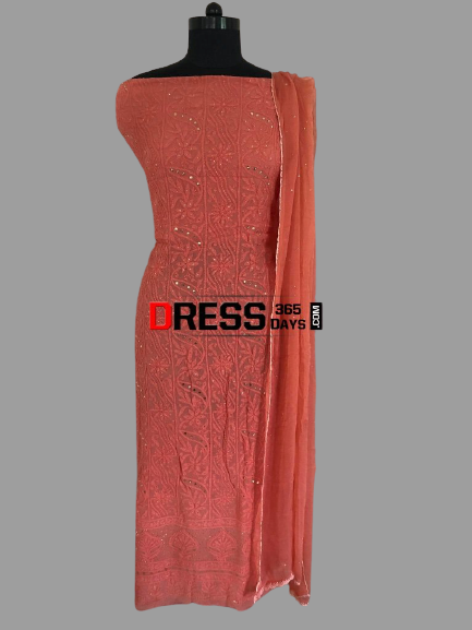 Terracotta Viscose Georgette Mukaish Chikankari Suit - Dress365days