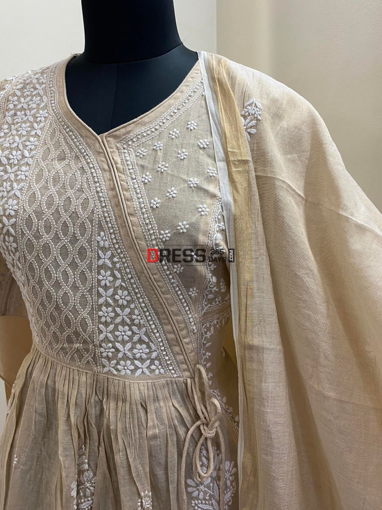 Tissue Chanderi Angrakha Style Chikankari Anarkali Suit