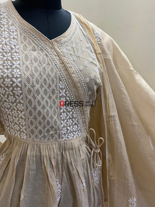 Tissue Chanderi Angrakha Style Chikankari Anarkali Suit