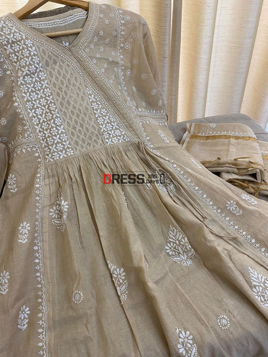 Tissue Chanderi Angrakha Style Chikankari Anarkali Suit